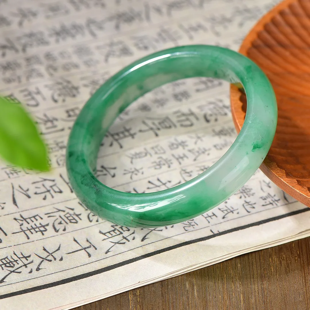 Women Green Pattern Stone Bangle Smooth Polished Round Band Bracelet Vintage Oriental Gemstone Bangle Jewelry Gift for Lady
