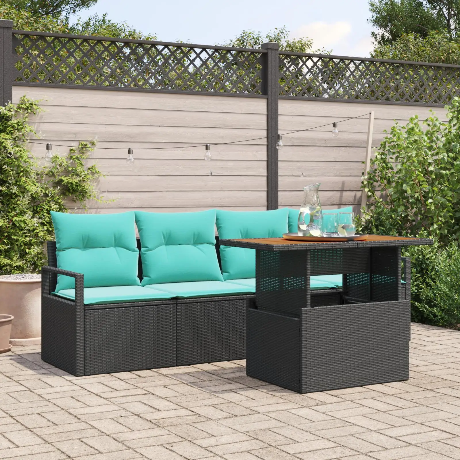 

5 Piece Outdoor Patio Sofa Set with Cushions Black Wicker Acacia Wood Furniture