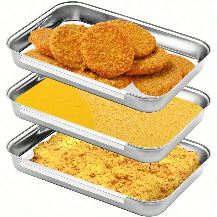 

Breading Trays Set Of 3 Dredging Trays For Cooking, Stainless Steel Breading Pans Set For Marinating Meat, Food Prep Trays