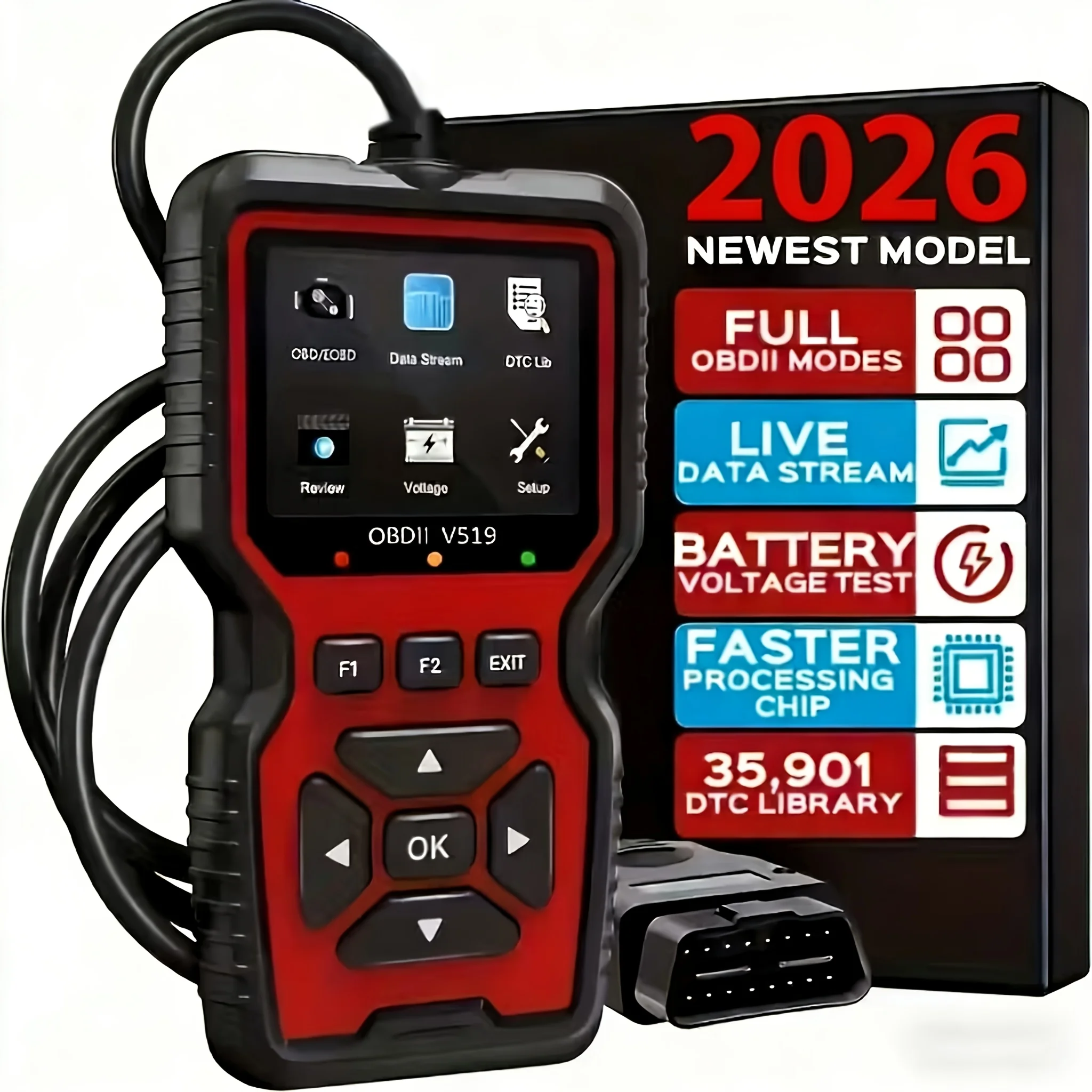 Scanner OBD2 professionnel V519 - Outil de diagnostic automobile alimenté par USB avec flux de données en temps réel, tests OBD II complets (I/M Ready, Bod2/Eobd), efface les voyants de panne du moteur, lit/efface les codes pour la plupart des véhicules, 