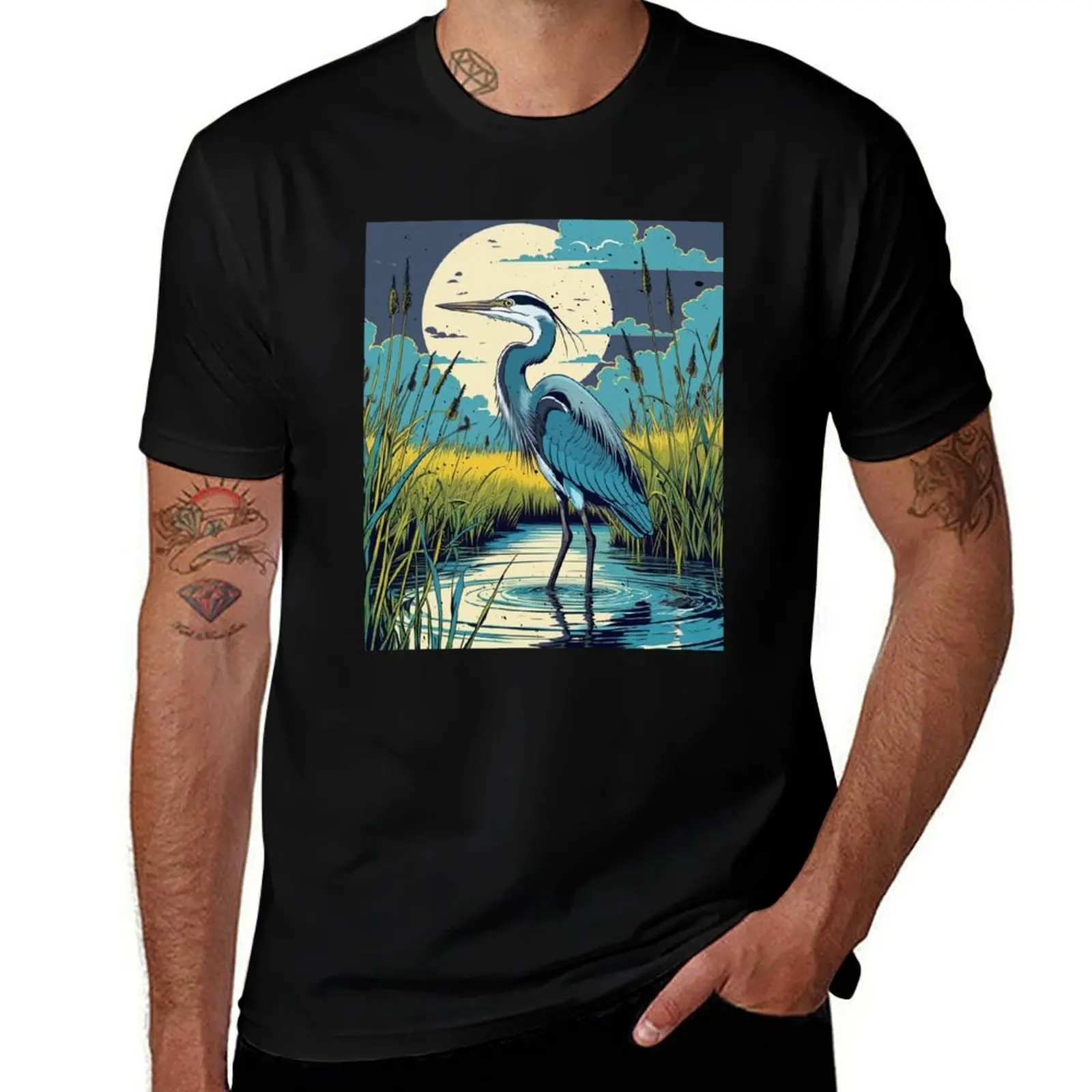 

Heron among the lake bushes T-Shirt anime clothes funny shirt cotton korean fashion heavyweight t shirts for men