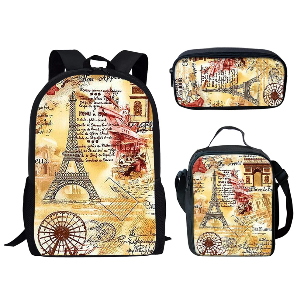 3pcs/set Eiffel Tower and Ferris Wheel Backpack Dragon Casual School Bags Sets Boys Girls Teenager Mochila Bolsa Hot