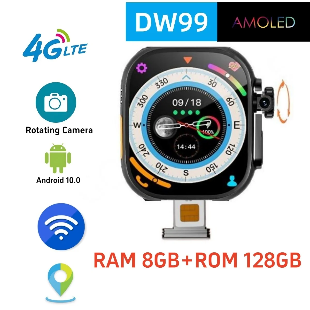 Updated Android 10.0 DW99 S9 Ultra Smart Watch 2.2 inch 448*528 Amoled Screen 180° Rotating Camera App Download 128GB Smartwatch