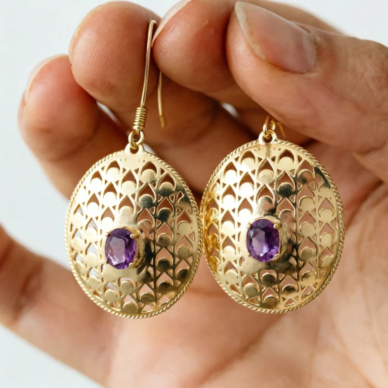Luxury Vintage Purple Synthetic Zirconia Golden Hollow Oval Drop Earrings for Women Elegant Dazzle Banquet Festival Jewelry Gift