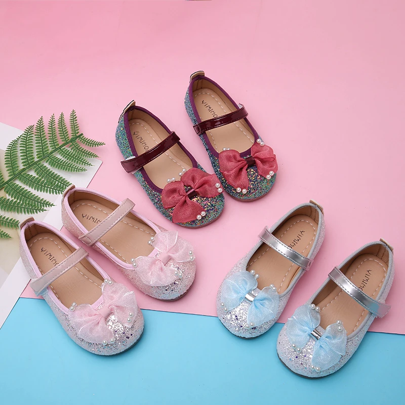 Girls Glitter Mary Jane Flats, Tulle Bow Pearl Decor Single Strap Soft Non-slip Sole Wedding Party Princess Dress Shoes