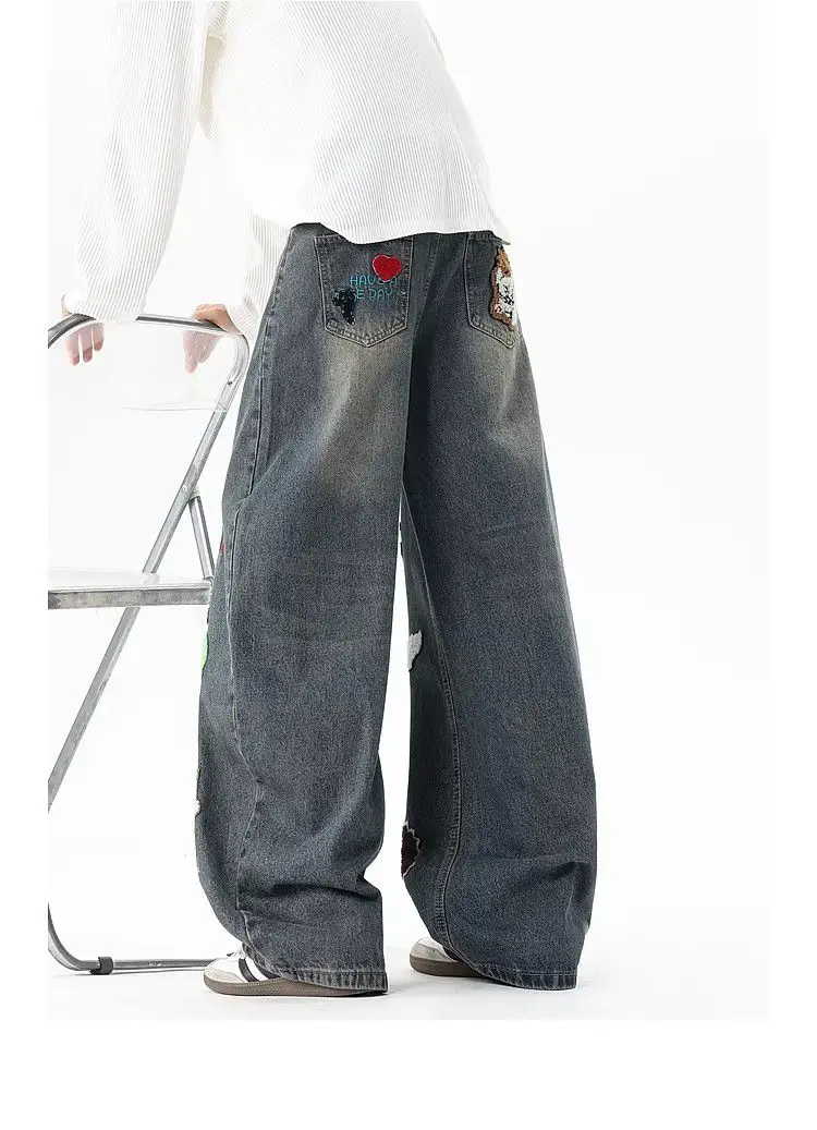 Women's Embroidery Cute Cartoon Patterns Jeans Summer Baggy Trousers Girl Wide Leg Pants Female High Waisted Unisex Sweatpants
