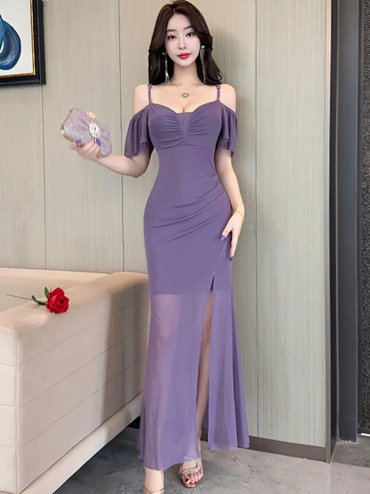 Damska Zielona Sukienka z Siateczki, Odkryte Ramiona, Seksowna Sukienka na Ramiączkach, Długa Sukienka Letnia Elegancka Codzienna z Rozcięciem, Koreańskie Sukienki Vintage Luksusowe na Imprezę Vestidos 2025