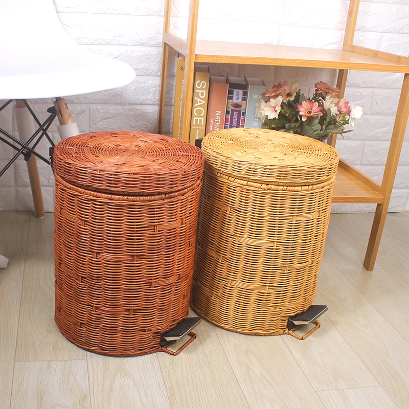 

Rattan Round Trash Can Creative Simple with Lid Foot-operated Living Room Bedroom Paper Basket Household