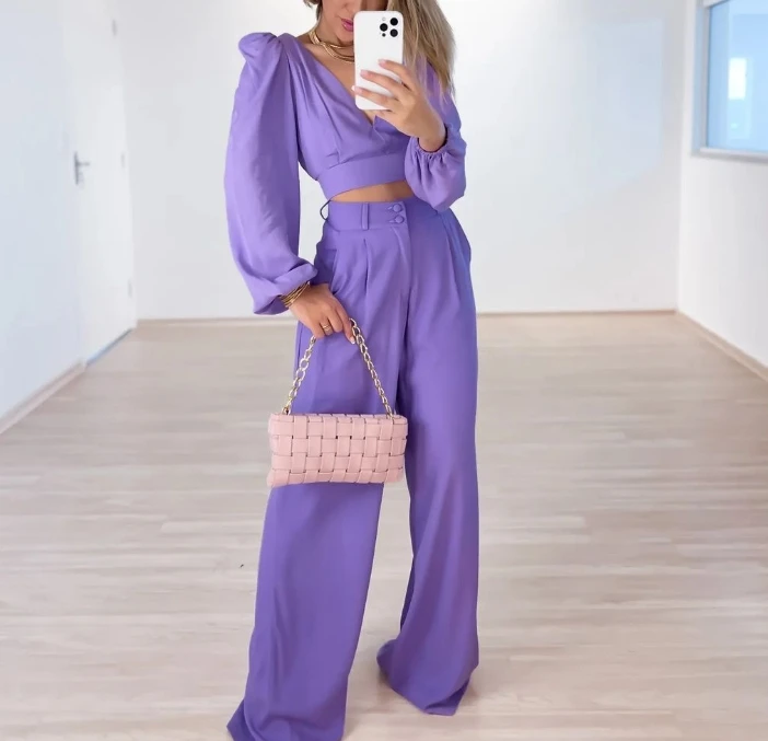 Solid V-Neck Long Sleeved Shirt with Backless Straps, High Waisted Wide Leg Pants, Large-Sized Fashionable Casual Set