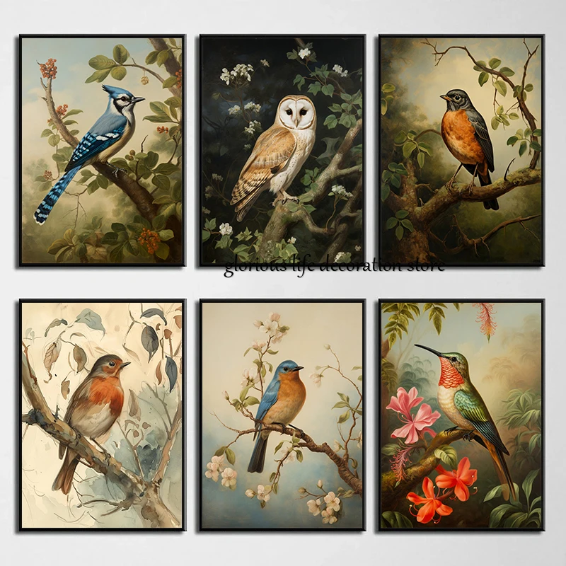 Vintage Birds Robin Bluebird Barn Owl Hummingbird Poster Antique Woodland Bird Canvas Printing Wall Art Picture Room Home Decor