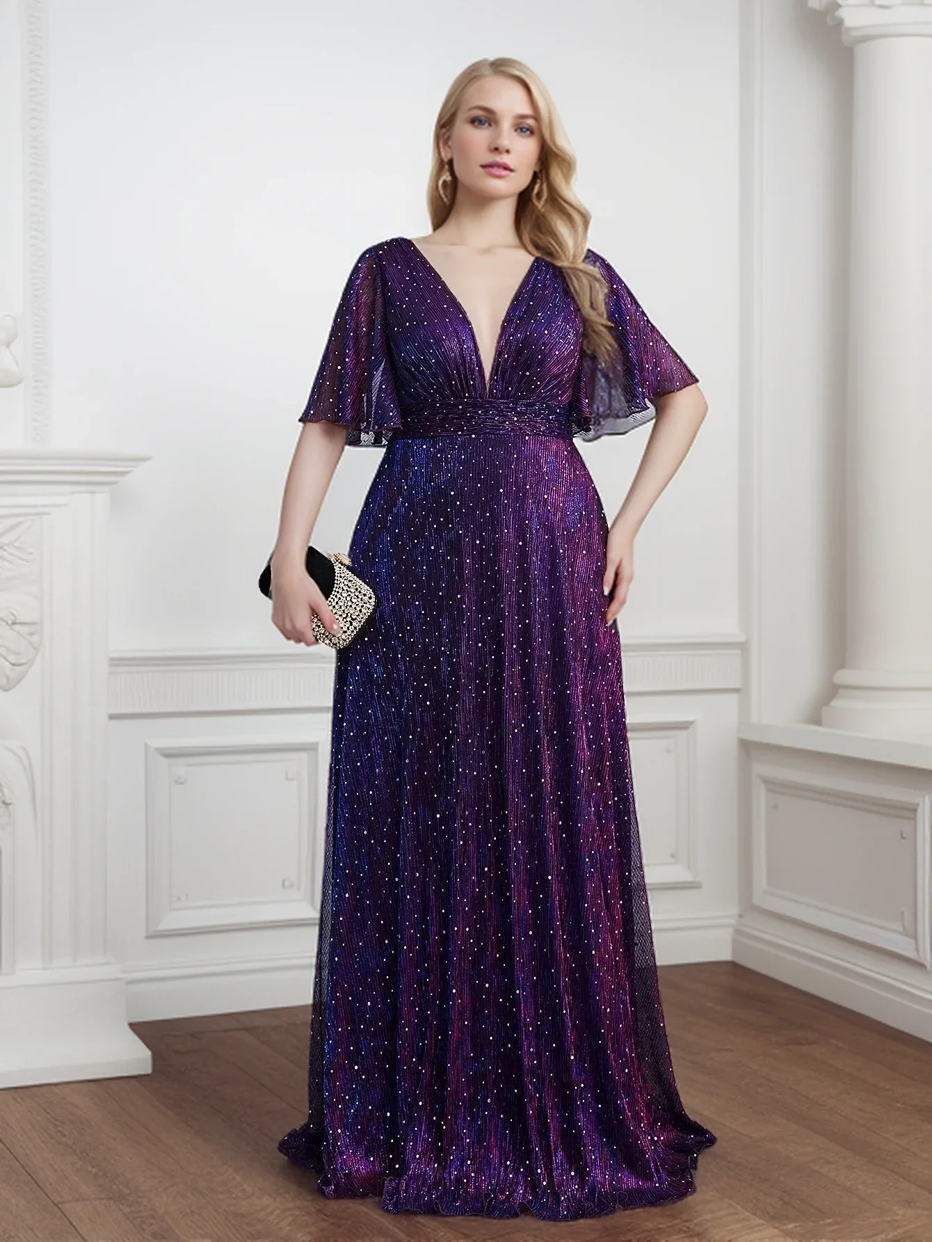 

Wedding Bridesmaid Dress For Female Fashion Plunging Neck Butterfly Sleeve Glitter Party Dresses Large Size Lady Dress 2024