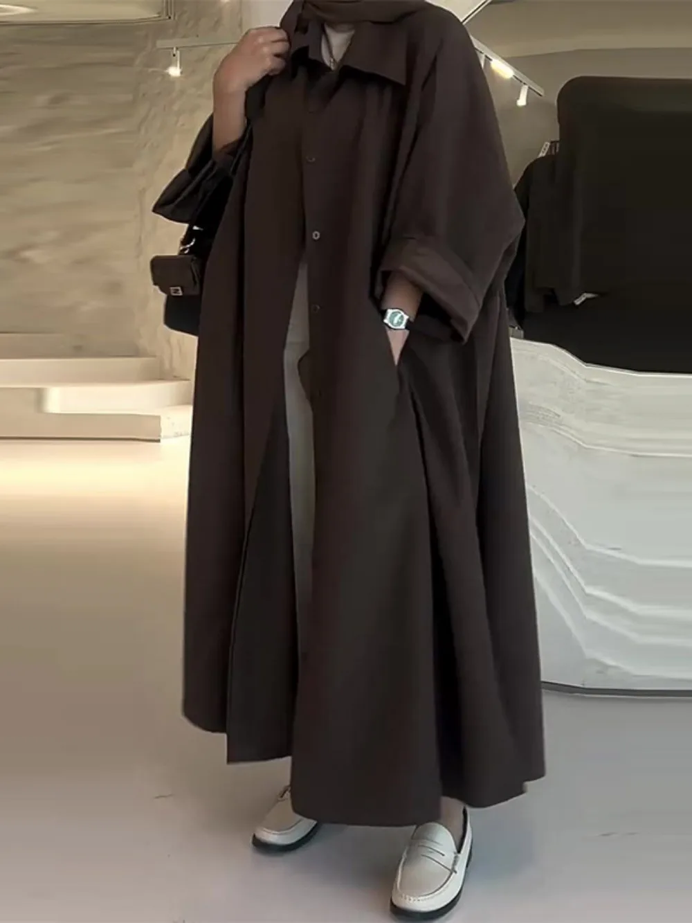 Eid มุสลิมผู้หญิง Abaya Trench Coat Single Breasted Lapel Overcoat Ramadan โมร็อกโกดูไบ Windbreaker อาหรับลําลองยาว