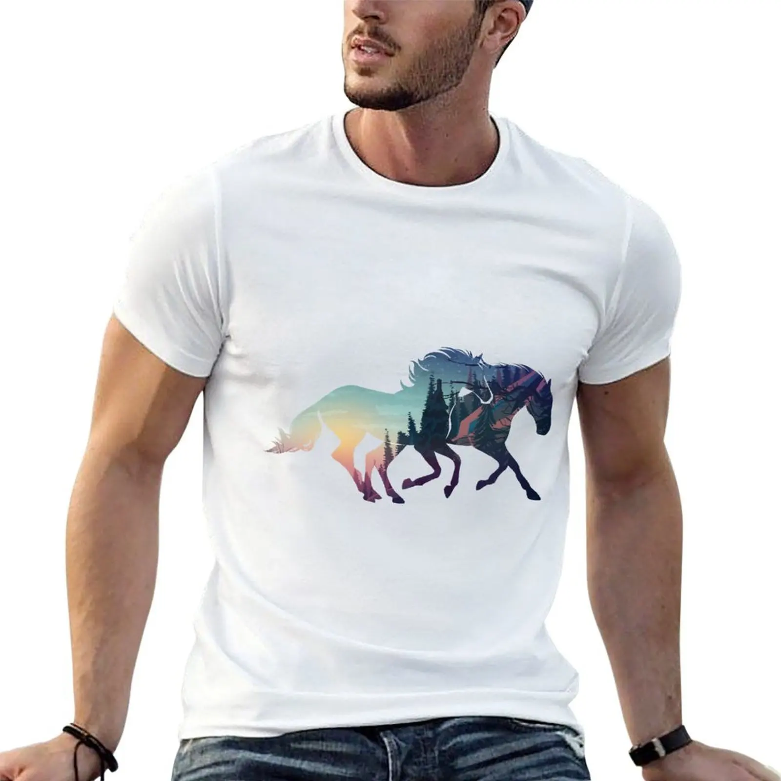 Футболка Nightsky Forest Horses, классическая базовая повседневная футболка