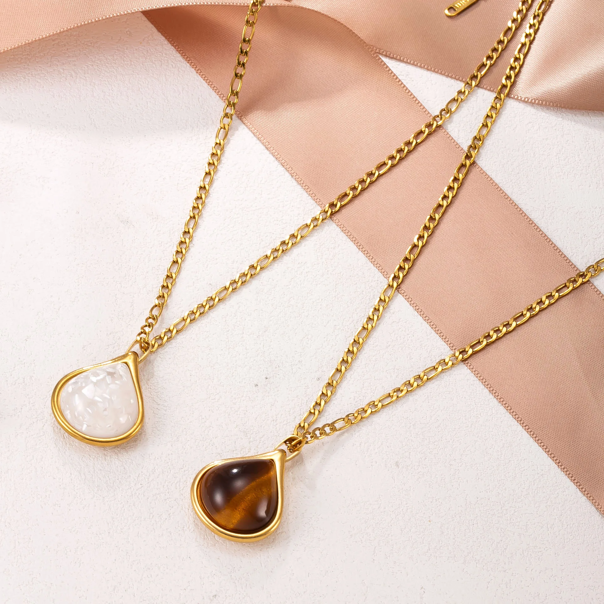 Fashion Stone Waterdrop Necklace for Women Stainless Steel Gold Color Oval Stone Pendant Necklace Wedding Aesthetic Jewelry Gift