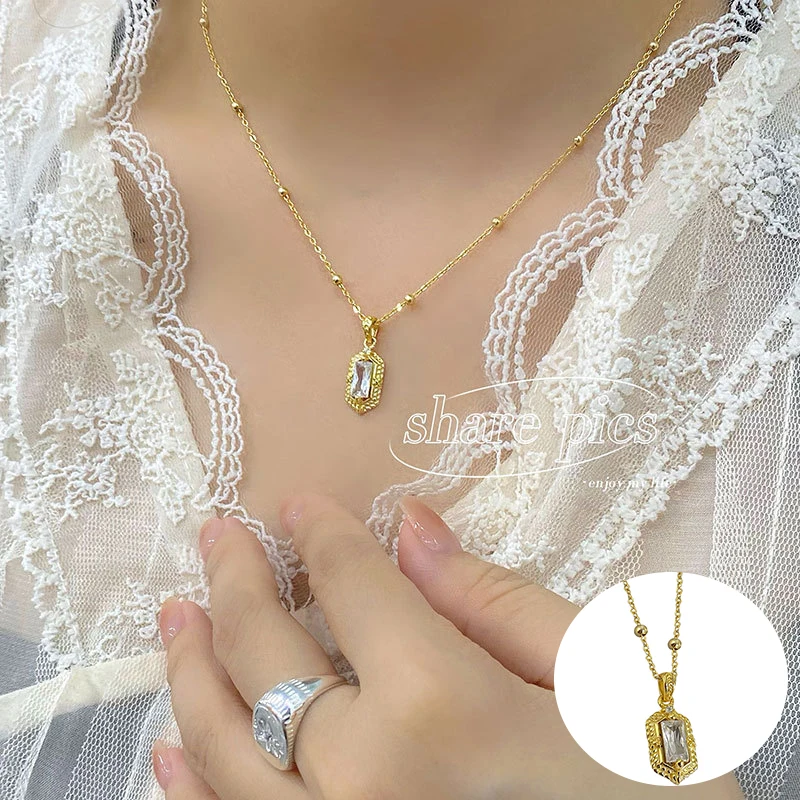 

100% 925 Sterling Silver Zircon Geometric Necklace for Women Girl Vintage Photo Frame Design Jewelry Party Gift Dropshipping