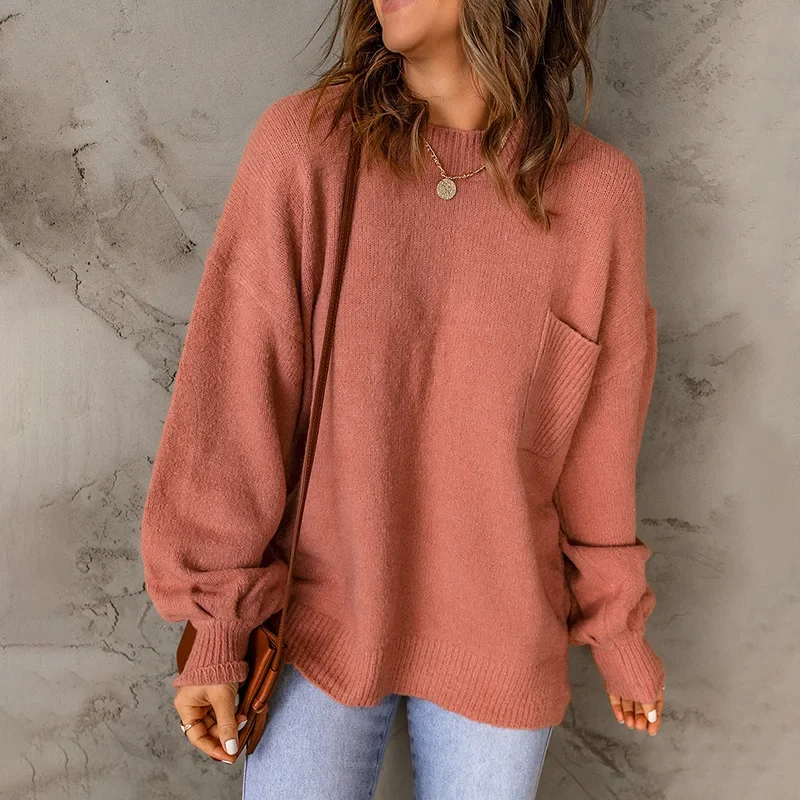 Women Sweater Autumn Fashion Pocket Design Long Sleeve Casual Plain Mock Neck Loose Daily Pullover Knit Sweater