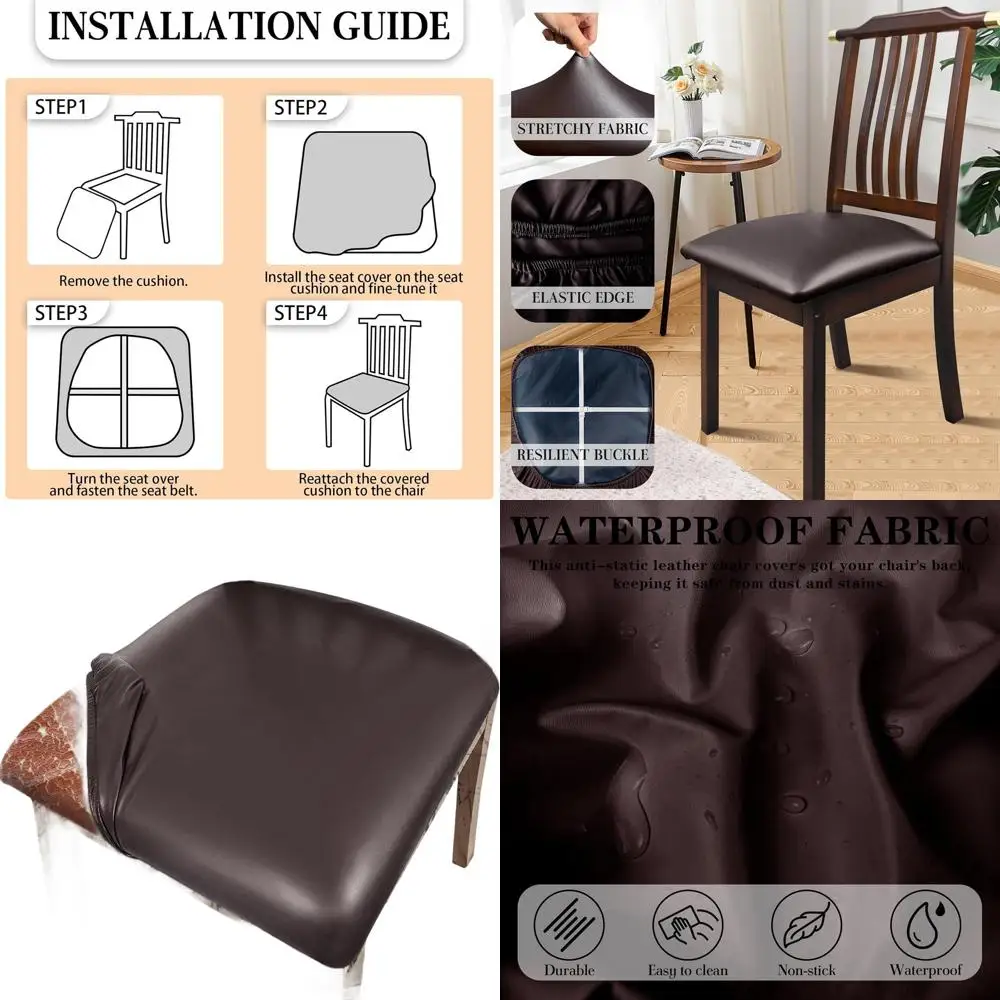

Set of 8 Brown PU Leather Dining Chair Seat Covers - Waterproof, Stretchy Kitchen & Hotel Chair Covers