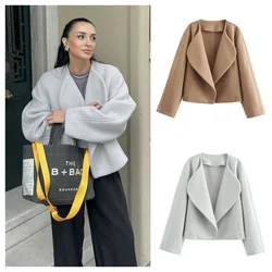 PB&ZA2024 autumn new women's clothing style loose solid color simple short double-sided woolen cardigan short jacket