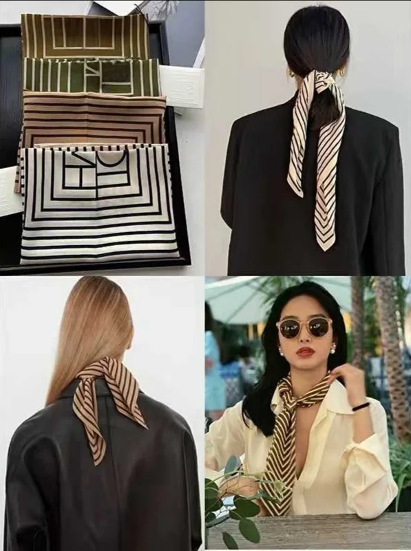 Foulard en soie Double gaze à rayures géométriques nordiques, petit foulard carré en soie, bandeau en soie, accessoire Faion