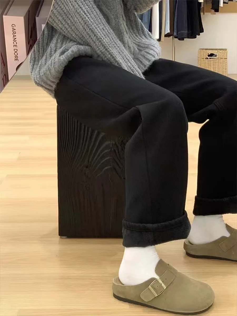 

High Waist Loose Fitting Slimming Black Denim Jeans Women's Fleece Lined Floor Length Trousers Casual Straight Leg Jeans