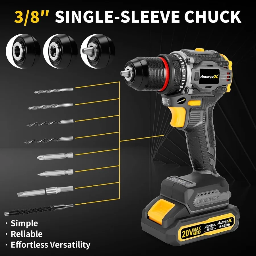 Compact Brushless Cordless Drill Tool Set with 20V Battery and 135Piece Household Combo Kit for DIY Home Repairs 60N.m Torque P