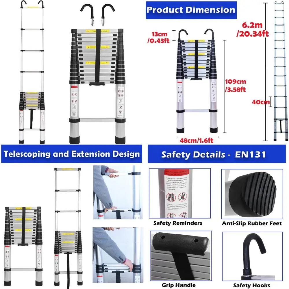 

Aluminum Telescoping Extension Ladder 20.3 Feet 6.2 Meters, EN131 Certified, 330lbs Load Capacity, Detachable Hooks, Adjustable