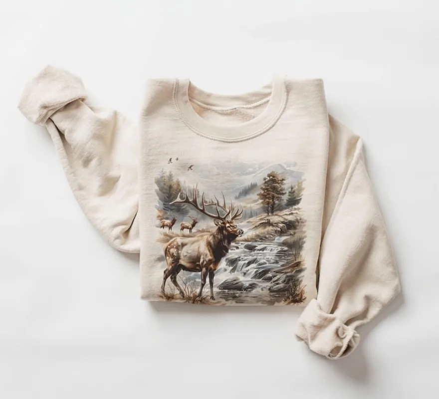 

Retro Bull Elk Wilderness Scene Hoodie Nineties Vintage Elk Nature Outfit Boho Unisex Crewneck Sweatshirt Funny Women Clothing