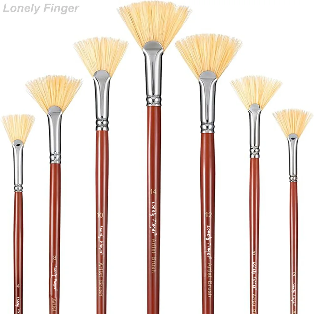 7 PCS Bristle Fan Brush Set with Long Wood Handle, for Painting Professional Artist, Acrylic Oil Watercolor Painting