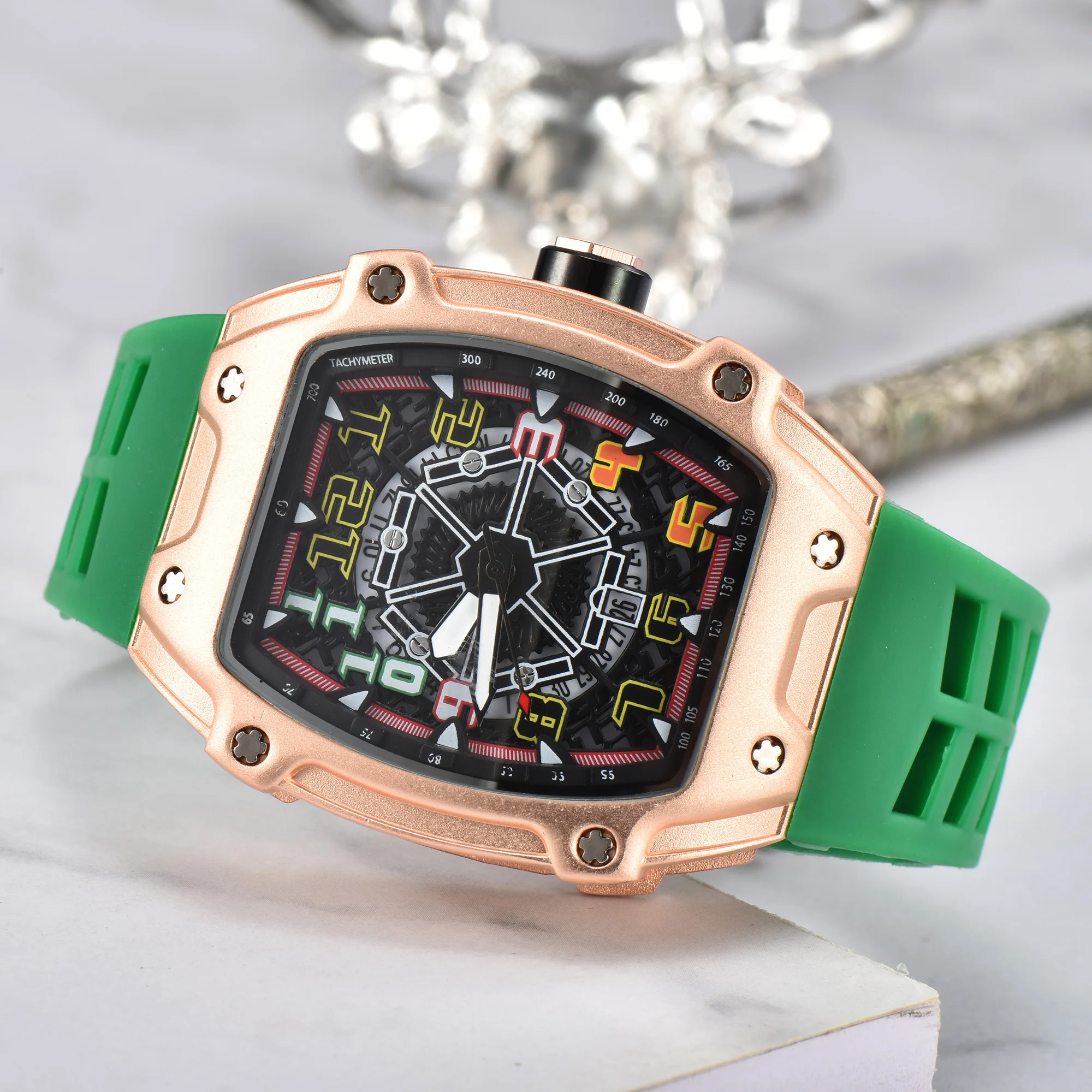 2024 new silicone strap square tonneau large dial watch hollowed out surface calendar quartz watch for men and Students