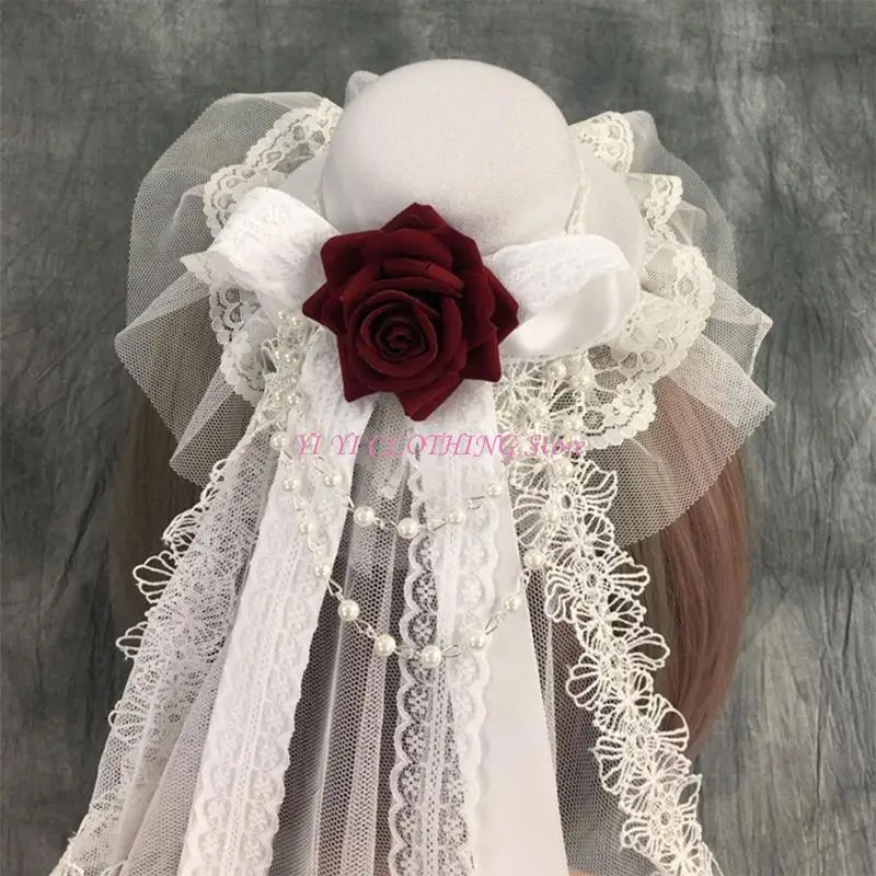 

N5KF Lace Bridal Veil Hat Black Veil Small Hat Gothic Headwear Halloween Baroque Crown Hair Accessories