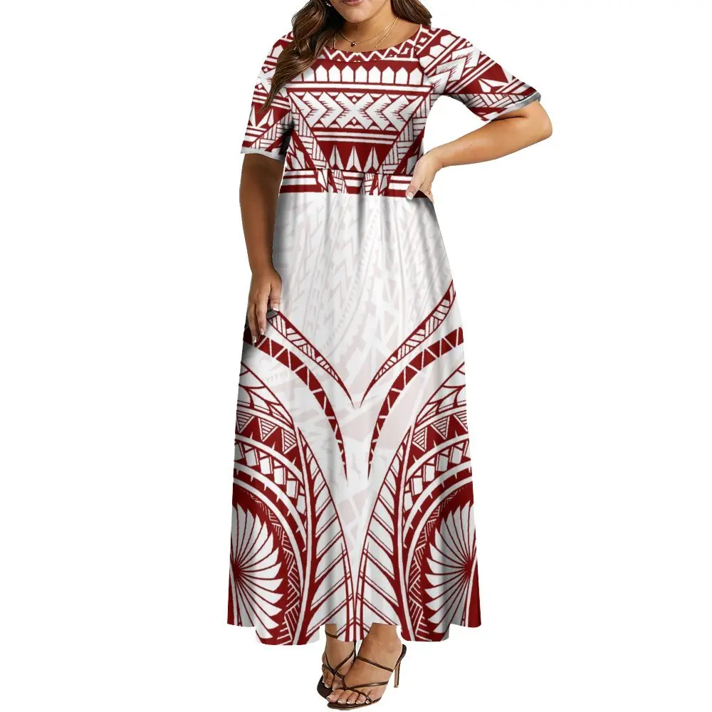 

Polynesian Women'S Dress Custom Tribal Design Pattern Print Summer Short Sleeves Elegant Fluffy Large Skirt Comfortable Dress