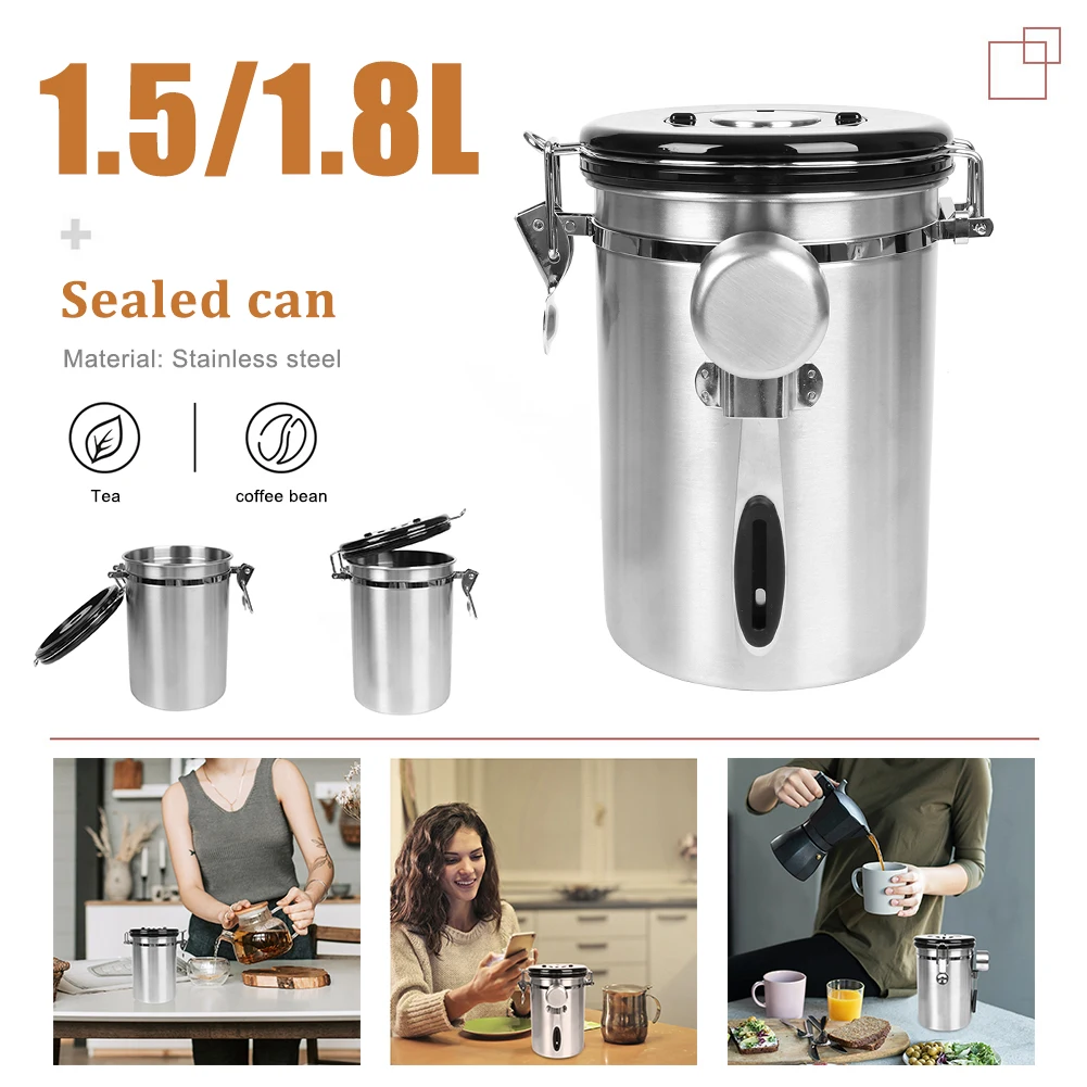 

1500/1800ML Coffee Bean Sealed Canister 304 Stainless Steel Exhaust Valve Sealed Storage Canister with Spoon Freshness Jar