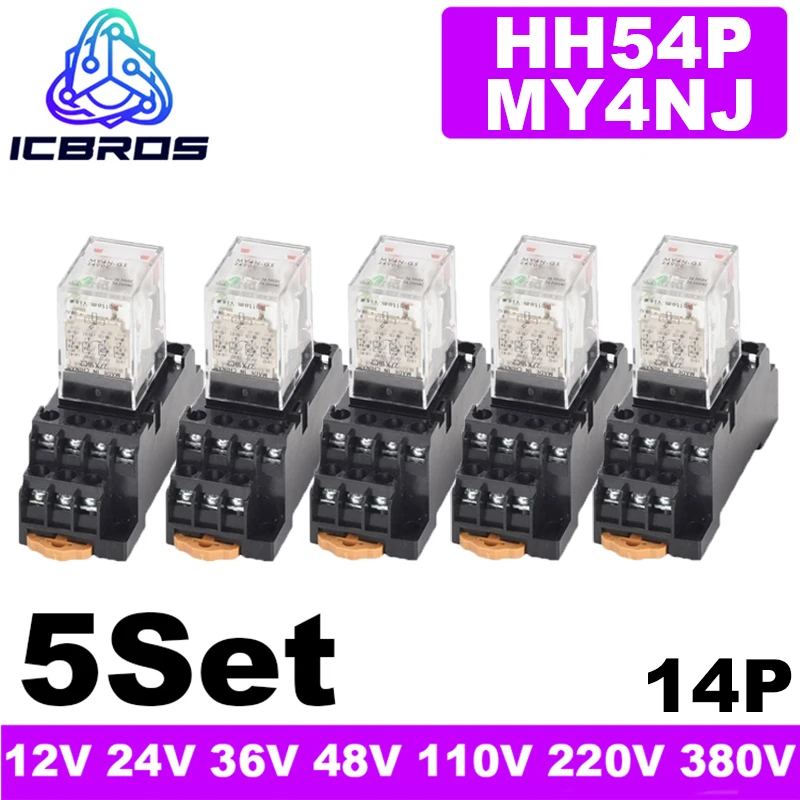 5 Set MY4NJ MY4N-J Small Electromagnetic Power Relay AC/DC 12V 24V 36V 48V 110V 220V 380V 4NO 4NC DIN Rail 14Pin Base Mini Relay