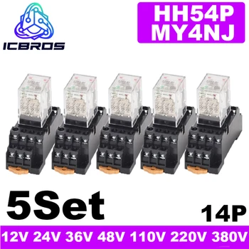 5 Sets MY4NJ MY4N-J Small Electromagnetic Power Relay AC/DC 12V 24V 36V 48V 110V 220V 380V 4NO 4NC DIN Rail 14Pin Base Mini Relay