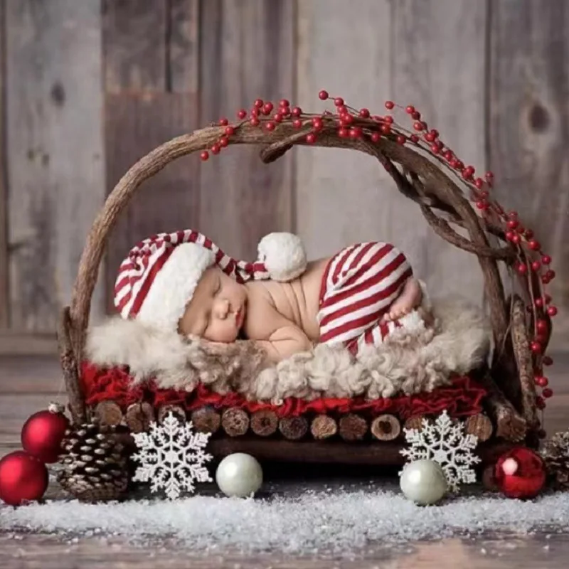 Accessoires de photographie pour nouveau-né, pantalons courts pour bébé, chapeau de Noël, rayures blanches et rouges, gril, studio photo,