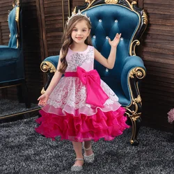 Bow Front Formal Princess Dress For Girls, Contrast Color Fluffy Gown Wedding Party Performance Outfit