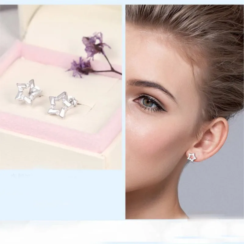 Fast Shipping Gorgeous Lucky Star New 925 Sterling Silver Earrings CZ Crystal Stud Charm Earrings Women Party Jewelry Gift