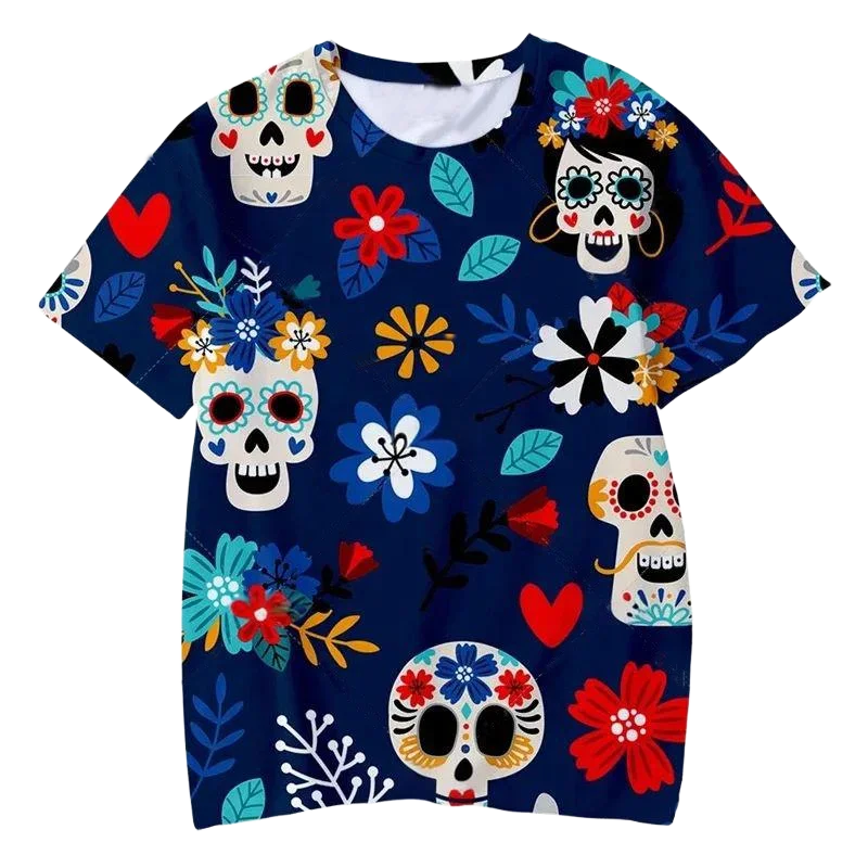 Harajuku ثلاثية الأبعاد طباعة ضياء دي لوس Muertos يوم الموتى الهيكل العظمي المكسيكي تي شيرت موضة يوم الموتى تي شيرتات ورق الرسم البياني الملابس