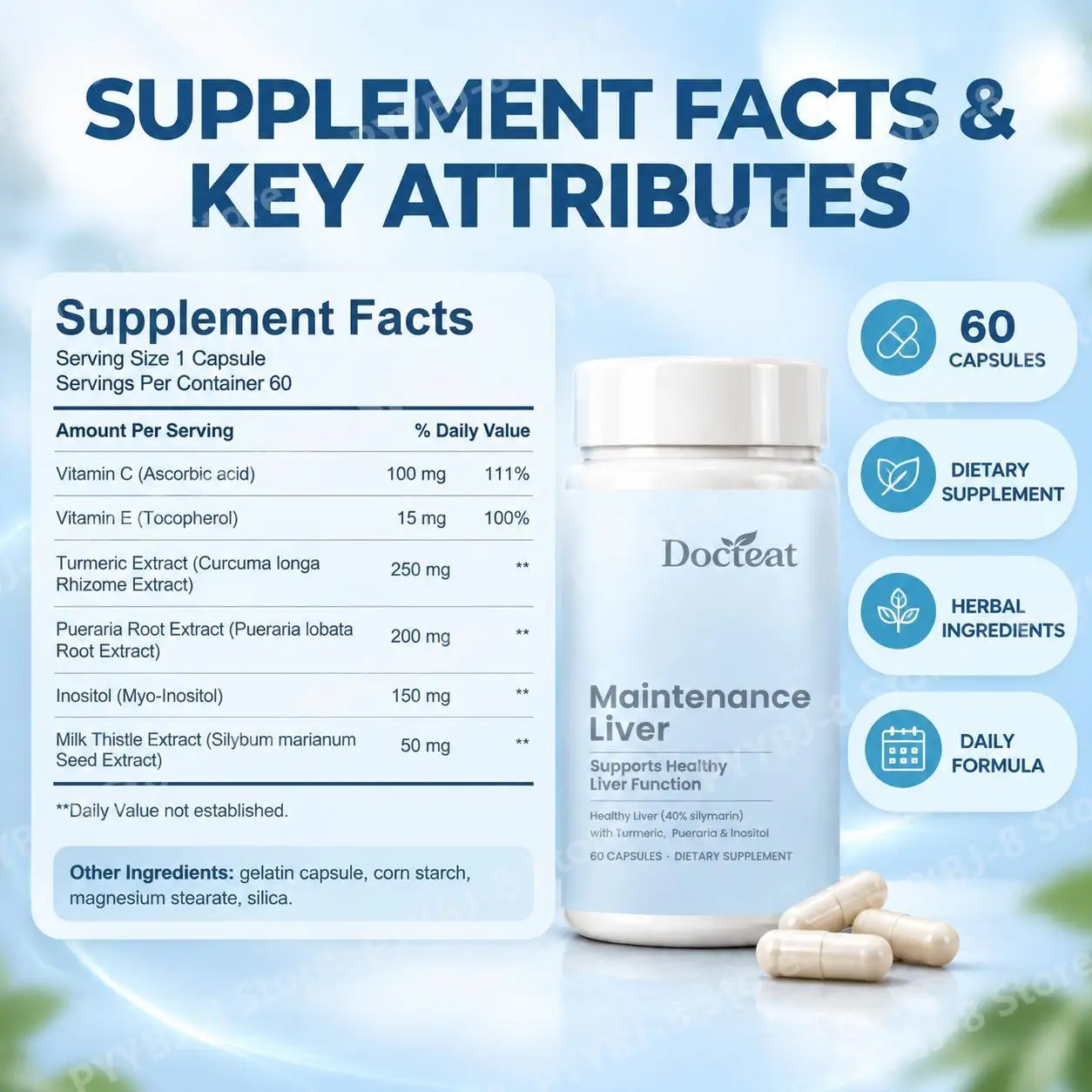 Maintenance Liver Support Capsules with Vitamin C and Vitamin E Plus Turmeric and Milk Thistle for Vitality, 60 Capsules