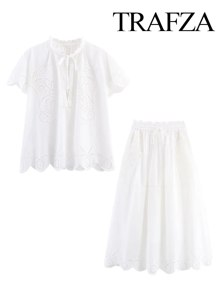

TRAFZA Women White Skirt Suit Chic Round Collar Lace-up Short Sleeve Embroidery Top+Summer Fashion Slim Hollow Solid Long Skirt