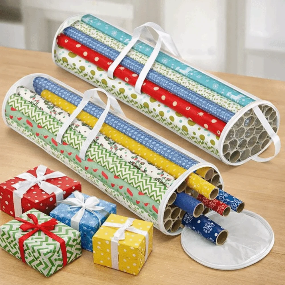 Cylinder Wrapping Paper Storage Bag Transparent Large Capacity Gift Wrapping Roll Organizer with Handle Zipper PVC