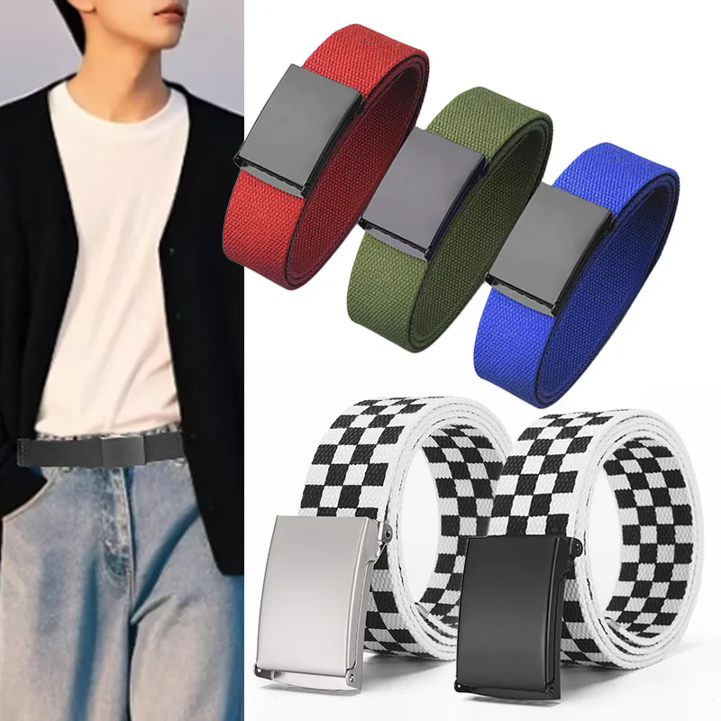 Men's canvas automatic buckle belt, trendy and versatile, casual style, imitation pure cotton, no-hole design, available in mult