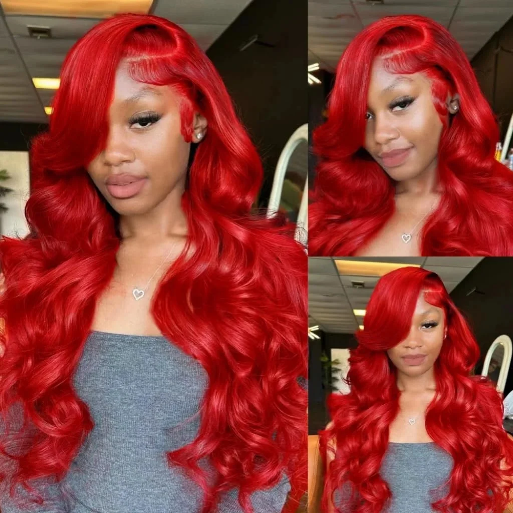 30 34 بوصة الجسم موجة الساخن الأحمر 13x6 13x4 الدانتيل الشفاف الجبهة خصلات الشعر المستعار الإنسان للنساء الملونة الدانتيل الباروكات الأمامية قبل قطعها