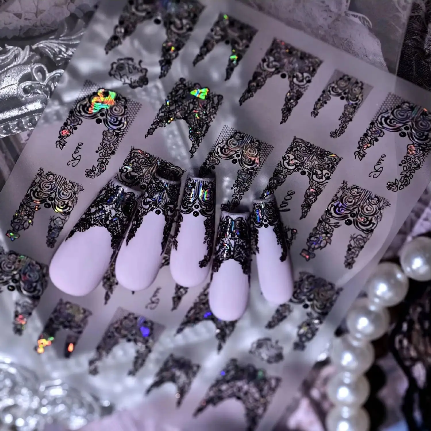 1PC 5D Embossed Lace Nail Stickers White/Black Holographic Bridal Nail Decals French Tip Nail Supplies for Wedding Party & Salon