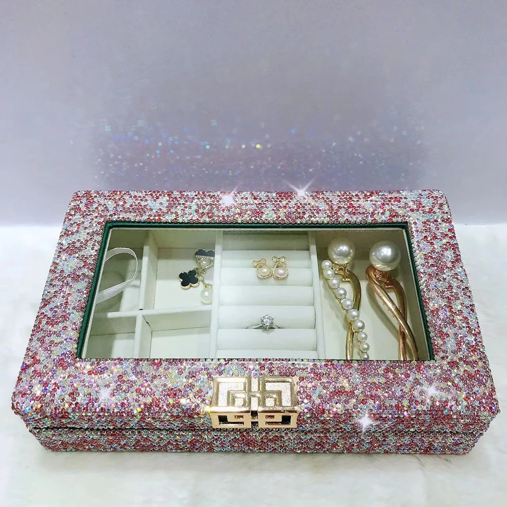 Luxury Rhinestone Jewelry Box Jewelry Case Organizer Sparkling Diamond Ring Earrings Necklaces Storage Case Display Holder