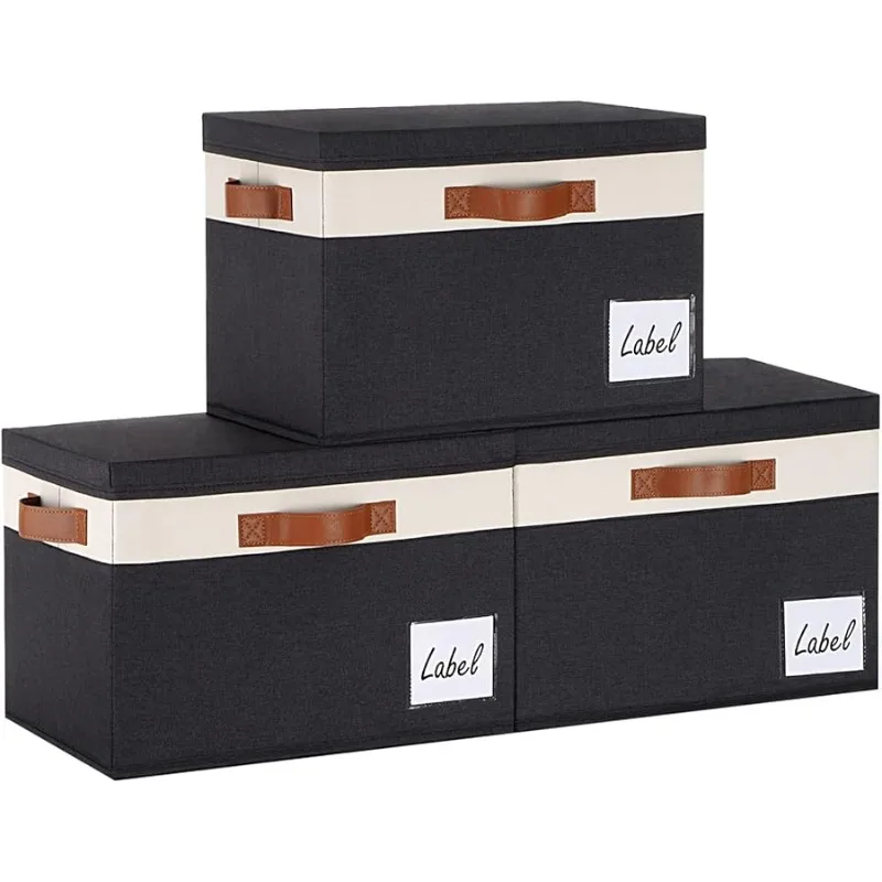 

Extra Large Storage Bins with Lids, Foldable Fabric Storage Baskets with Lids, Sturdy Storage Boxes with Labels and 3 PU Handles