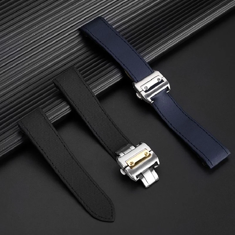 High Quality Watch Strap For Cartier Series Santos 100 Nylon Canvas Black Blue Santos100 Folding Buckle Watchband 20mm 23mm