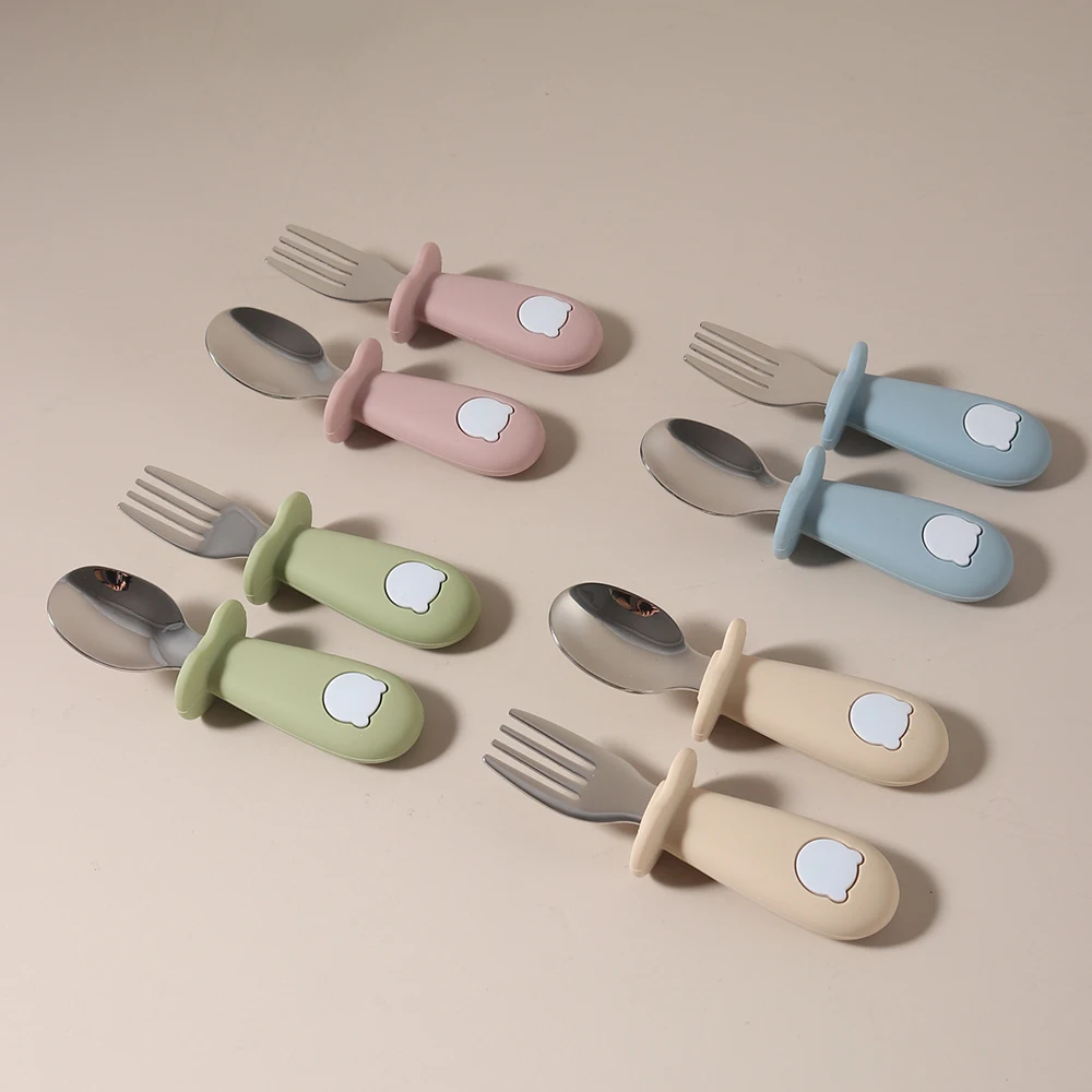 NOVO conjunto de colher e garfo de silicone para bebê – adorável design de panda com aço inoxidável, utensílios de treinamento de autoalimentação seguros