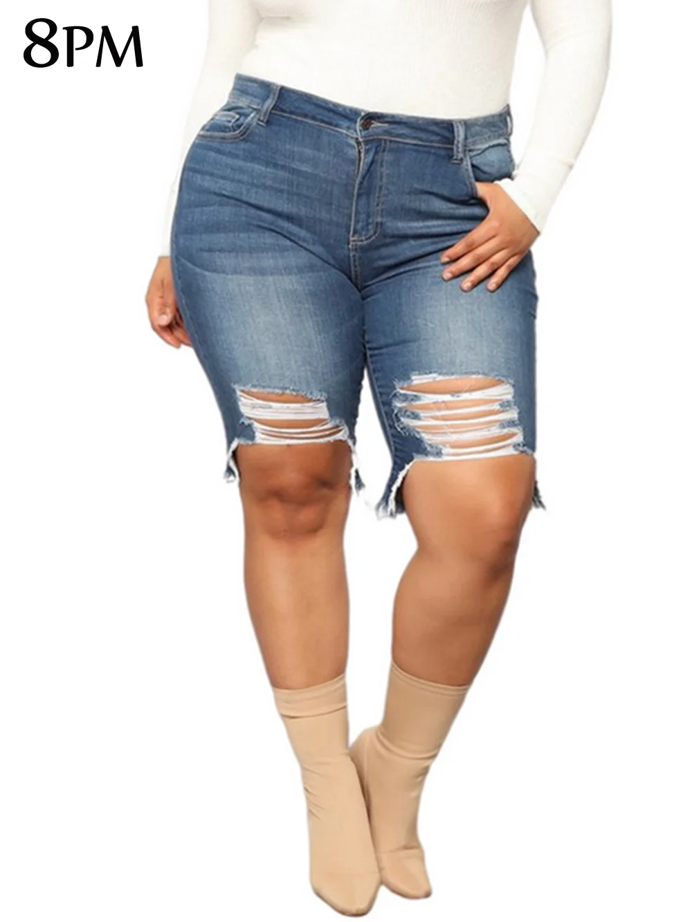 Pantalones cortos vaqueros rasgados de talla grande para mujer, Shorts vaqueros básicos de cintura alta, ajustados y rizados, elásticos, de verano, ouc1037