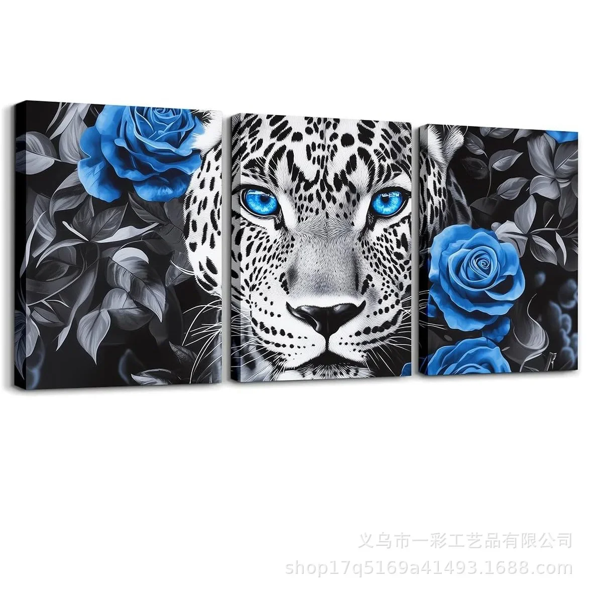 3PCS Framed Grey Tiger Canvas Wall Art, Blue Rose Floral Animal Prints for Living Room